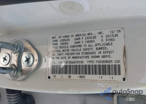 2010 Honda Accord 2.4 Lx из США, поврежденный, VIN 1HGCP2F32AA070330